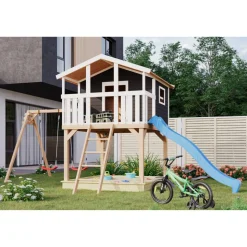 Stelzenhaus 'Ciana' terragrau mit Doppelschaukel, Rutsche blau 680 x 264 x 309 cm