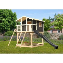 Stelzenhaus 'Ciana' terragrau mit Doppelschaukel, Rutsche anthrazit 680 x 264 x 309 cm