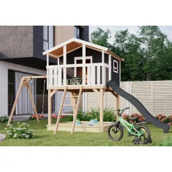 Stelzenhaus 'Ciana' terragrau mit Doppelschaukel, Rutsche anthrazit 680 x 264 x 309 cm