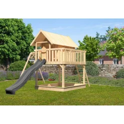 Stelzenhaus 'Karlie' naturbelassen mit Doppelschaukel, Rutsche anthrazit 438 x 485 x 329,5 cm