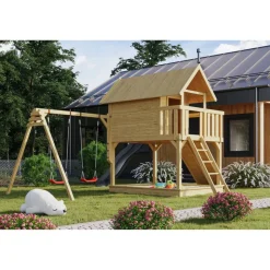 Stelzenhaus 'Karlie' naturbelassen mit Doppelschaukel, Rutsche anthrazit 438 x 485 x 329,5 cm