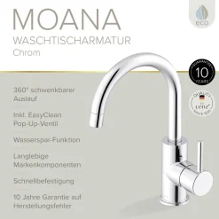 Waschtischarmatur 'Moana' chromfarben schwenkbar 24 cm