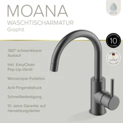 Waschtischarmatur 'Moana' matt graphit schwenkbar