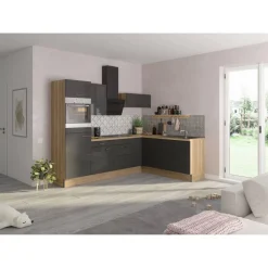 Winkelküche mit E-Geräten 'OPTIkoncept Jonte984' anthrazit/eichefarben 270 cm