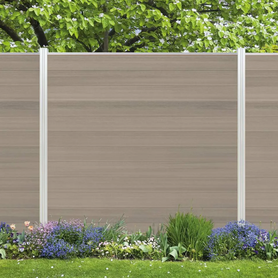 Zaun-Komplettset 'Roma Line' WPC schilf mit Pfosten eloxiert zum Einbetonieren 565 x 180 cm