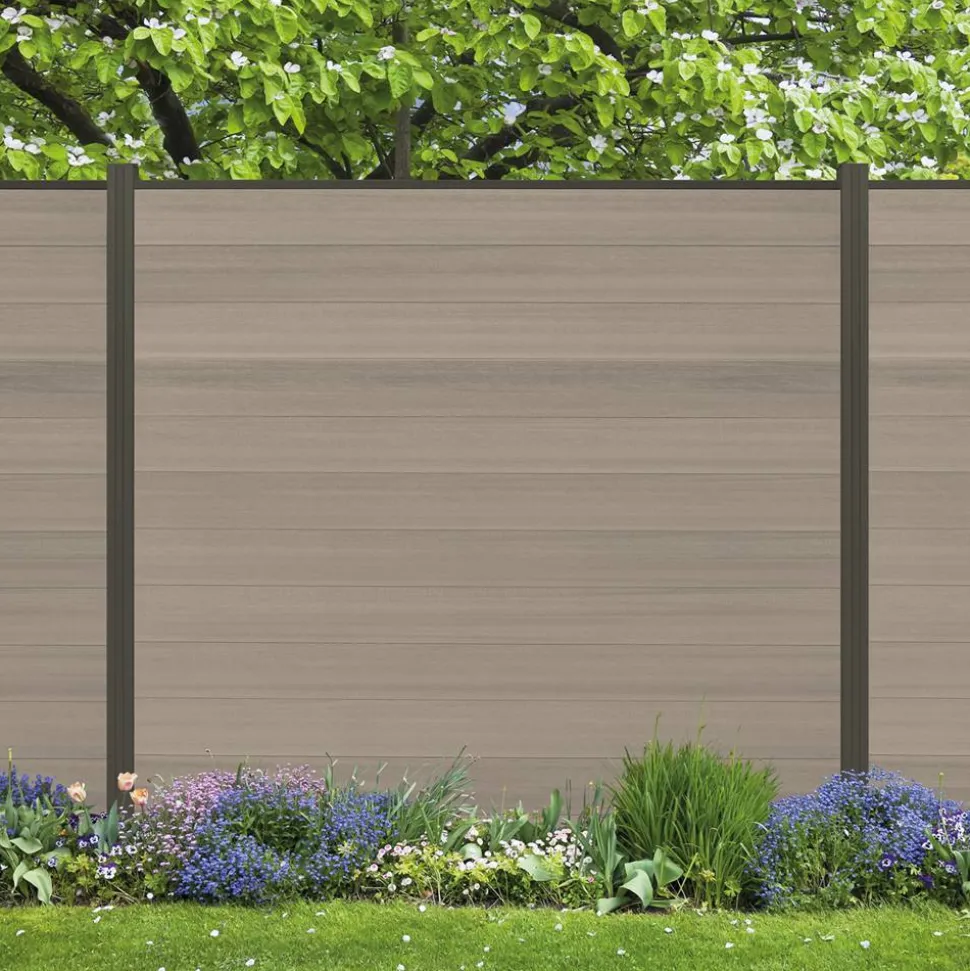 Zaun-Komplettset 'Roma Line' WPC schilf mit Pfosten anthrazit zum Aufschrauben 939 x 180 cm